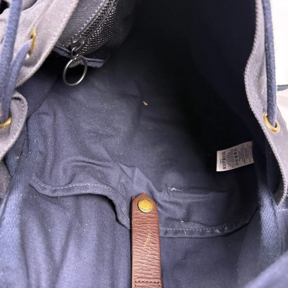 Lands End Waxed Canvas Backpack Navy Blue Leather Straps Padded Outdoors Daypack